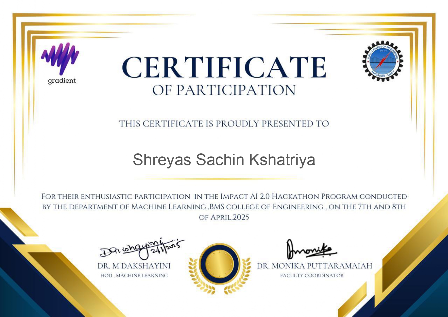 Participated in Gradient Impact AI 2.0 Hackathon 2025 Certificate