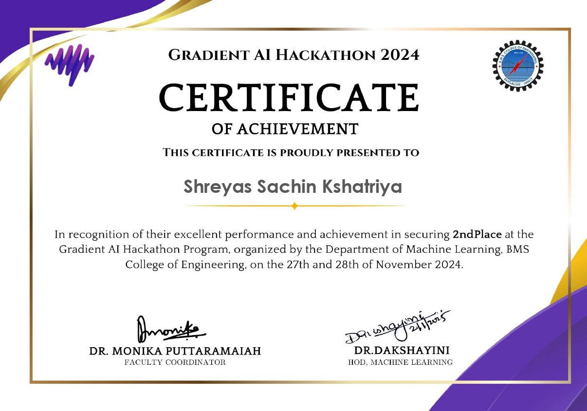 2nd Place in Gradient AI Hackathon 2024 Certificate